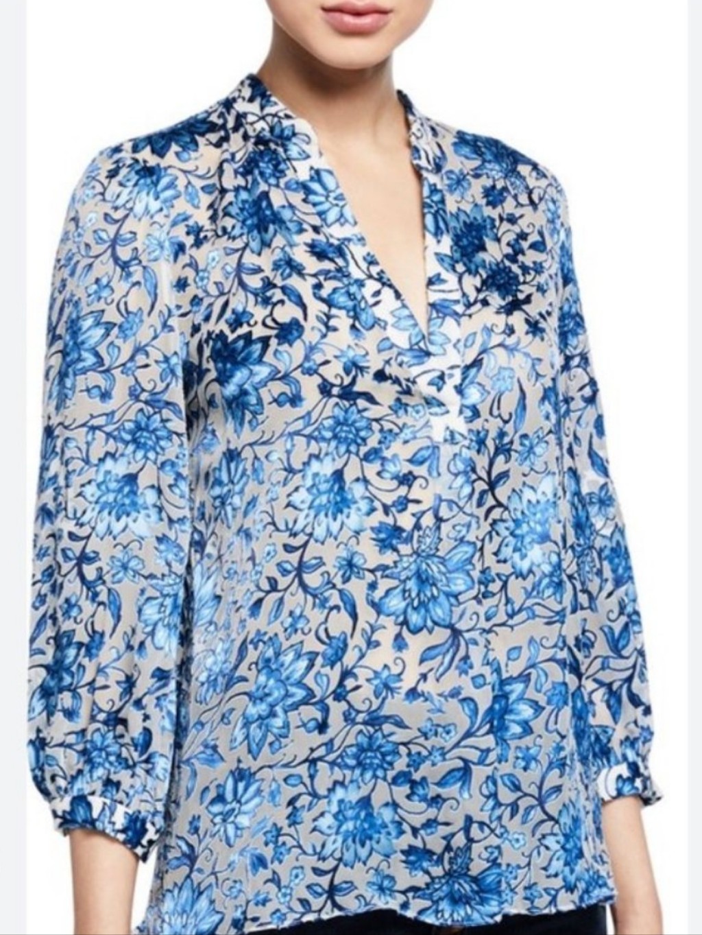 Alice + Olivia Blue And White Floral V-Neck Peasant Blouse